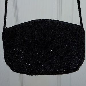 NWOT Black Beaded Evening Bag, Zipper Top Closure, Long Cord Strap or Clutch